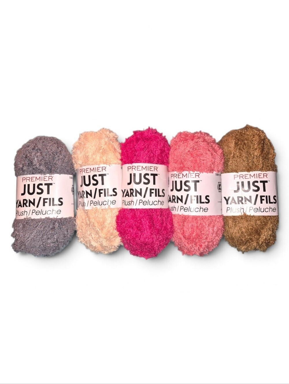 Premier Plush Yarn Skeins in Gray, Peach, Hot Pink, Pink & Brown